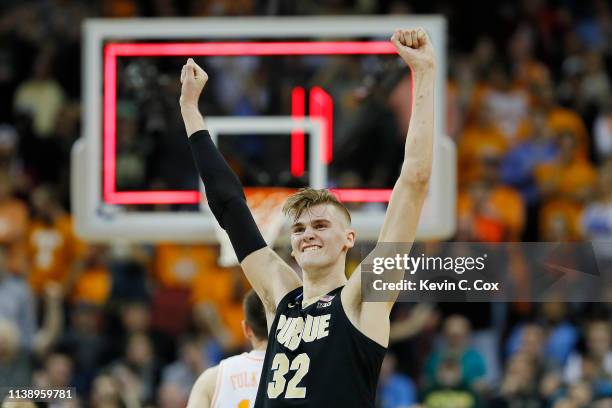 Matt Haarms of the Purdue Boilermakers celebrates after defeating Tennessee Volunteers in overtime of the 2019 NCAA Men's Basketball Tournament South...