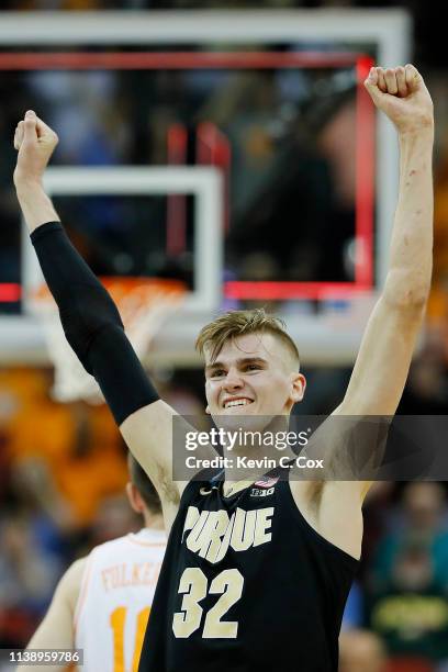 Matt Haarms of the Purdue Boilermakers celebrates after defeating Tennessee Volunteers in overtime of the 2019 NCAA Men's Basketball Tournament South...