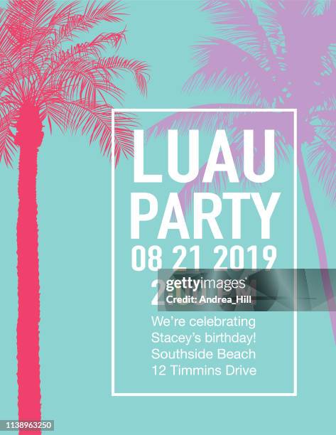 luau party invitation with sunset and palm trees - tiki banner stock illustrations
