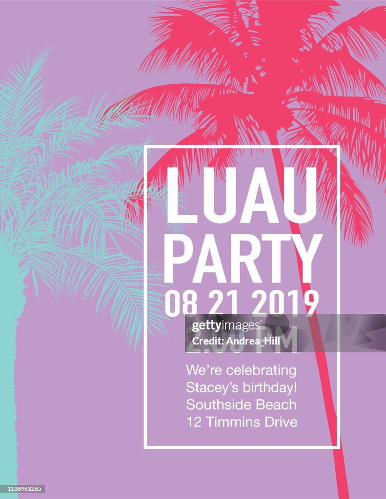 Luau Party Invitation with Sunset and Palm Trees