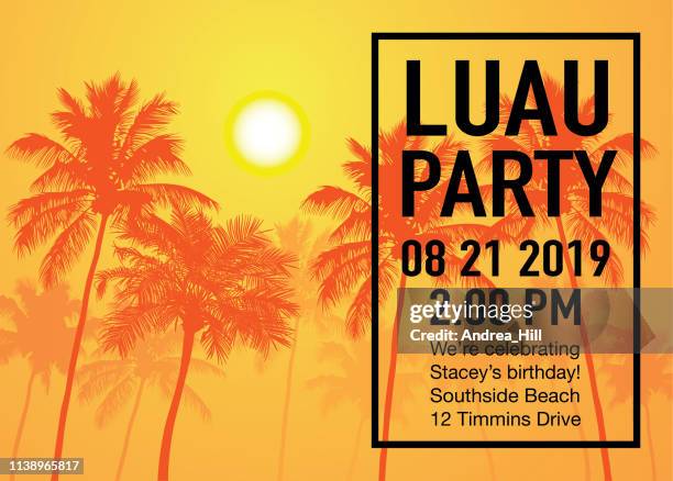 luau party einladung mit sonnenuntergang und palmenbäumen - tiki stock-grafiken, -clipart, -cartoons und -symbole