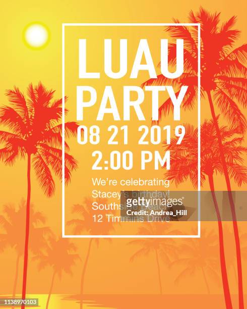 luau party invitation with sunset and palm trees - tiki stock illustrations