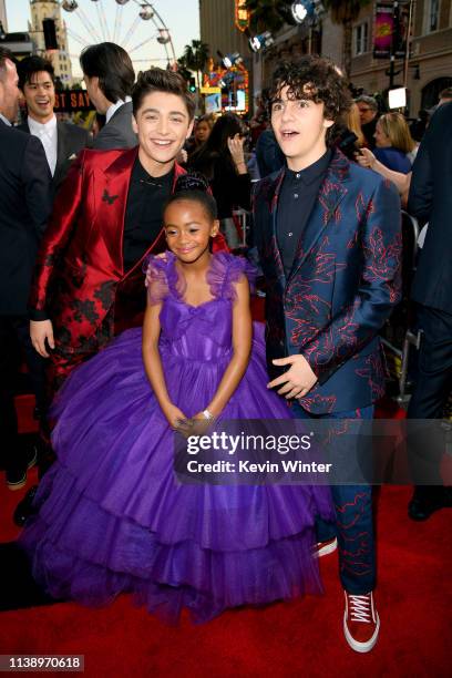 Asher Angel, Jack Dylan Graze and Faithe Herman attend the Warner Bros. Pictures And New Line Cinema's World Premiere Of "SHAZAM!" at TCL Chinese...