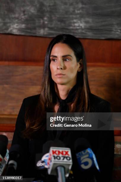 Former sports reporter Kelli Tennant at a news conference to discuss her sexual assault allegation against former Los Angeles Lakers head coach Luke...