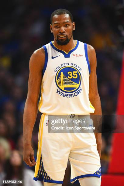 Golden State Warriors Forward Kevin Durant looks on during game four of the first round of the 2019 NBA Playoffs between the Golden State Warriors...