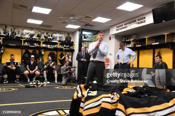 Head Coach Bruce Cassidy of the Boston Bruins talks to the team after the win against the Toronto Maple Leafs in Game Seven of the Eastern Conference...