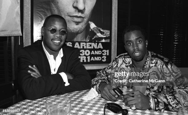 Andre Harrell and Sean 'Diddy' Combs pose for a photo at a party after Lifebeat's Urban Aid benefit concert at Madison Square Garden on October 5,...