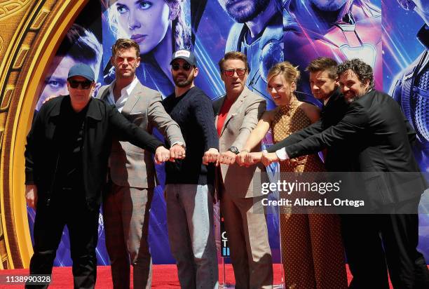 Kevin Feige, Chris Hemsworth, Chris Evans, Scarlett Johansson, Mark Ruffalo and Jeremy Renner attend Marvel Studios' "Avengers: Endgame" Cast Place...