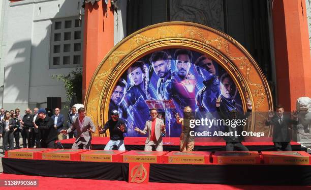 Kevin Feige, Chris Hemsworth, Chris Evans, Scarlett Johansson, Mark Ruffalo and Jeremy Renner attend Marvel Studios' "Avengers: Endgame" Cast Place...