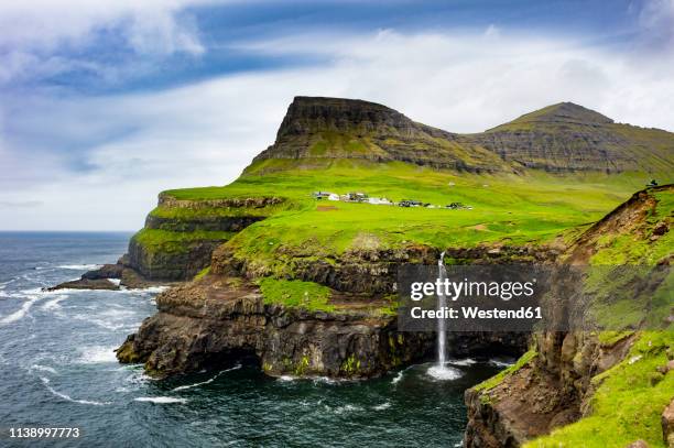 denmark, faroe islands, vagar, gasadalur waterfall - フェロー ストックフォトと画像