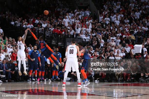 Damian Lillard of the Portland Trail Blazers shoots his nineth three-pont to break franchise record for most three pointers during Game Five of Round...