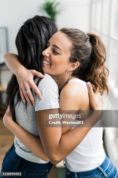 two happy girlfriends hugging at home - introducing girlfriend stock pictures, royalty-free photos & images