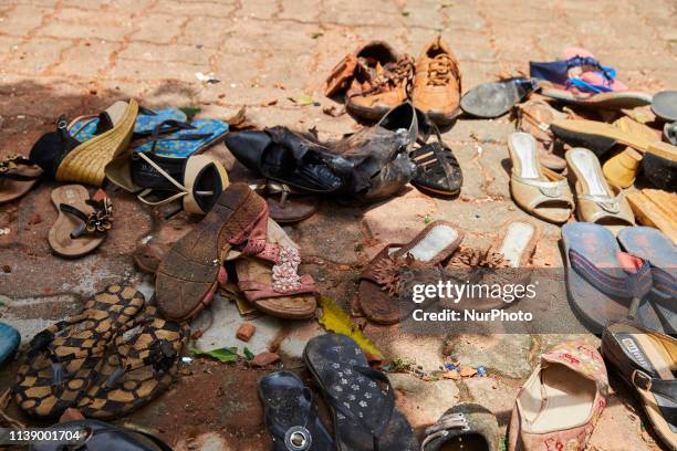 Bloodied shoe from one of the victims at St. Sebastian's Church in Negombo, in Colombo, Sri Lanka, on April 23, 2019. The church was one of the eight...