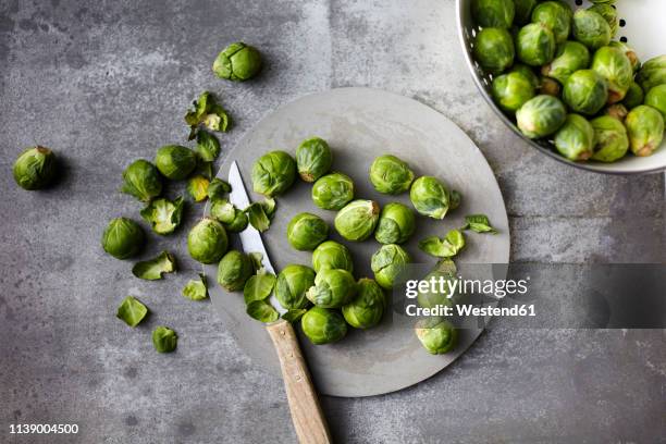 preparing organic brussels sprouts - brussels sprout stock pictures, royalty-free photos & images