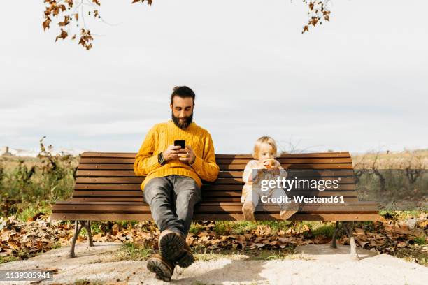 father and daughter sitting on a bench in the park in autumn, father using smartphone, daughter eating an apple - bench park bildbanksfoton och bilder