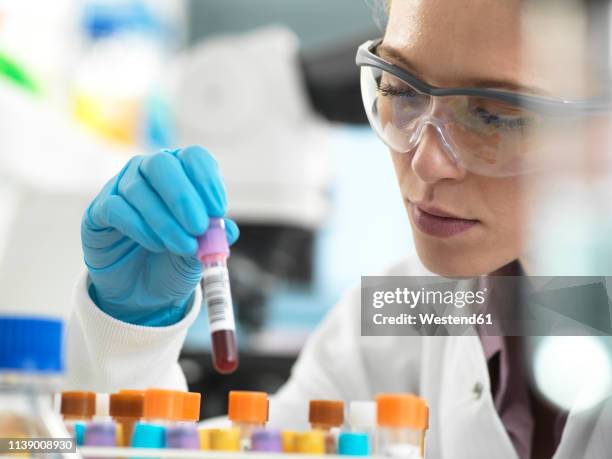 health screening, scientist holding a tube containing a blood sample ready for analysis in the laboratory - blood testing photos et images de collection