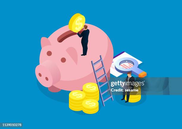 ilustraciones, imágenes clip art, dibujos animados e iconos de stock de alcancía, análisis financiero e inversión - cuenta de banco