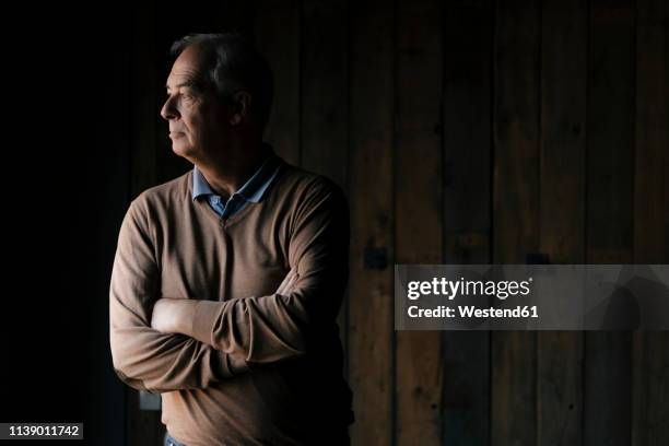 serious senior businessman in front of wooden wall looking sideways - wood worker posing ストックフォトと画像