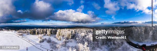 germany, hesse, taunus, aerial view of road through coniferous forest in winter - taunusgebirge stock-fotos und bilder