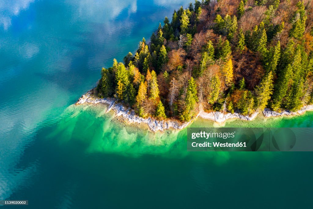 Germany, Upper Bavaria, Lake Walchen, Aerial view of Sassau Island