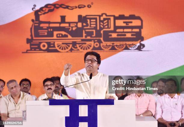 Chief Raj Thackeray addresses during a public rally at Shahid Bhagat Singh, Kalachowk, on April 23, 2019 in Mumbai, India.