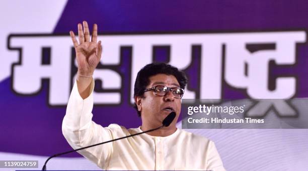 Chief Raj Thackeray addresses during a public rally at Shahid Bhagat Singh, Kalachowk, on April 23, 2019 in Mumbai, India.