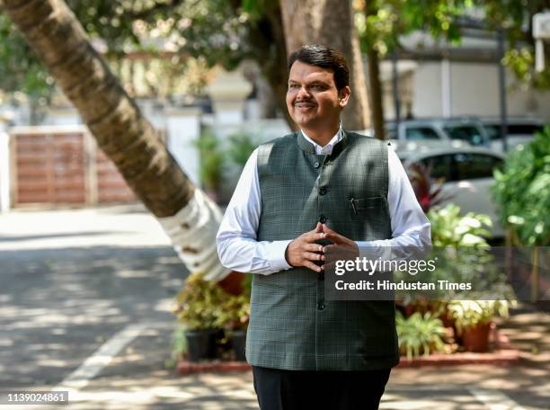 Maharashtra Chief Minister Devendra Fadnavis poses during a photo shoot at Varsha Bungalow, Malabar Hills, on April 23, 2019 in Mumbai, India.