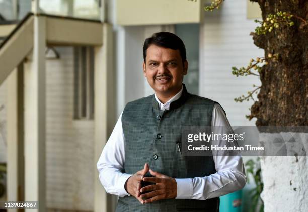 Maharashtra Chief Minister Devendra Fadnavis poses during a photo shoot at Varsha Bungalow, Malabar Hills, on April 23, 2019 in Mumbai, India.