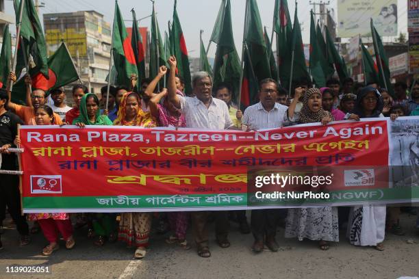 Activists, relatives of a victims of the Rana Plaza building collapse protest as they mark sixth anniversary of the garment factory disaster at the...