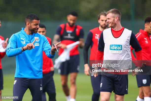 Chris Brunt of West Bromwich Albion and Steven Reid first team coach of West Bromwich Albion during a West Bromwich Albion Training Session on April...