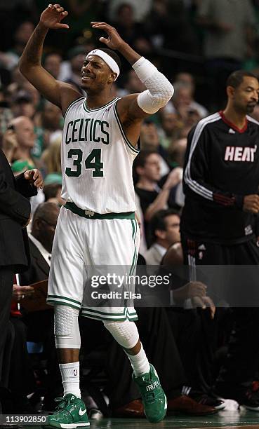Paul Pierce of the Boston Celtics reacts after a missed shot in Game Four of the Eastern Conference Semifinals in the 2011 NBA Playoffs on May 9,...