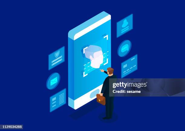 ilustraciones, imágenes clip art, dibujos animados e iconos de stock de la tecnología de reconocimiento facial - tecla enter