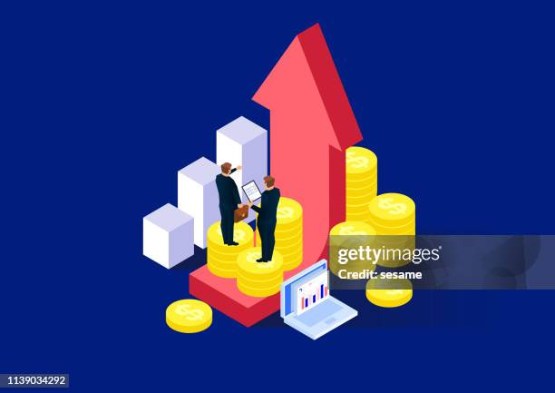 investment solution, two businessmen standing on top of gold coins stack and arrow analysis - debt collector stock illustrations