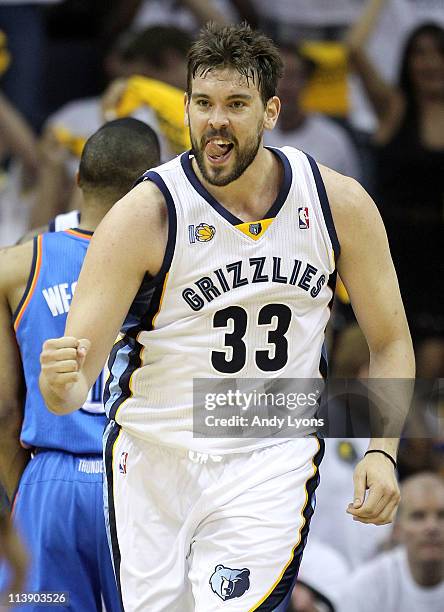 Marc Gasol of the Memphis Grizzlies celebrates during the game against the Oklahoma City Thunder in Game Four of the Western Conference Semifinals in...