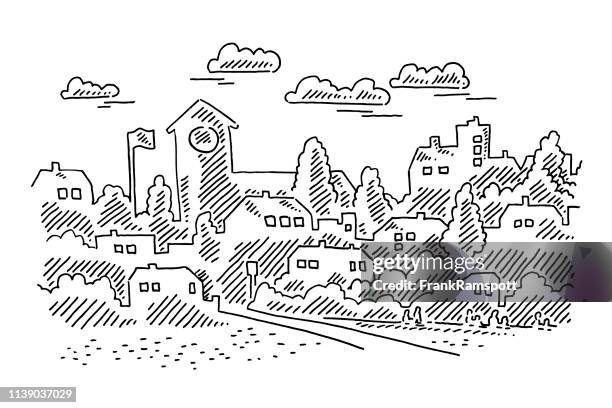 beautiful town landscape drawing - tree transparent background stock illustrations