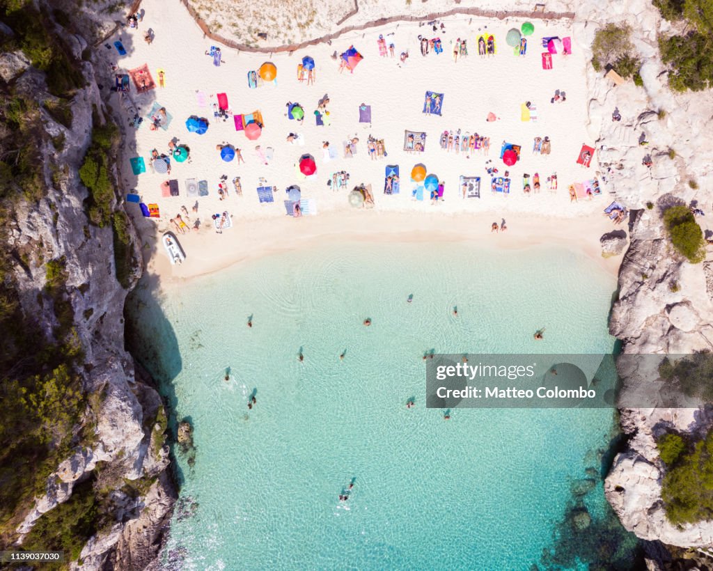 Aerial of Cala Macarelleta beach, Menorca
