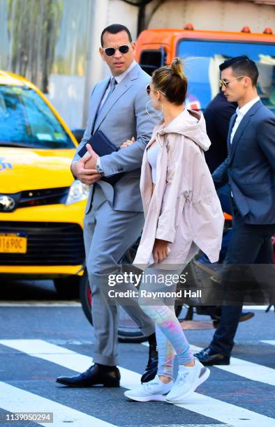 Singer/Actress Jennifer Lopez and Alex Rodriguez are seen walking in SoHo on April 24, 2019 in New York City.