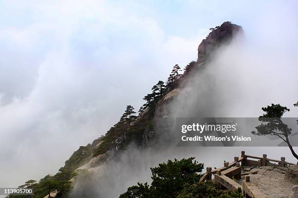 mist covering the mountain - huangshan photos et images de collection