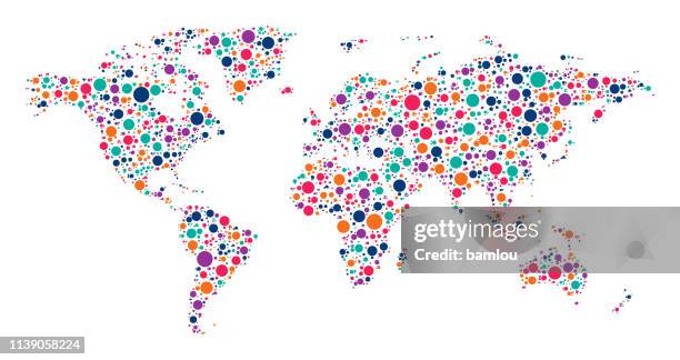 ilustraciones, imágenes clip art, dibujos animados e iconos de stock de mapa del mundo hecho de puntos multicolores - hispanoamérica