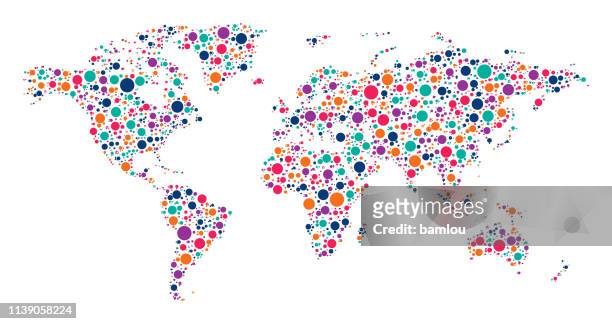 illustrazioni stock, clip art, cartoni animati e icone di tendenza di mappa del mondo fatta di punti multicolori - esplosione demografica