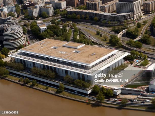 An aerial view of the John F. Kennedy Center for the Performing Arts in Washington, DC, on April 23, 2019.