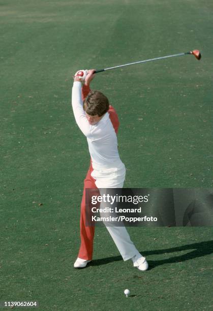 American golfer Tom Watson teeing off, circa 1977.