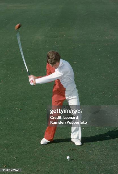 American golfer Tom Watson teeing off, circa 1977.