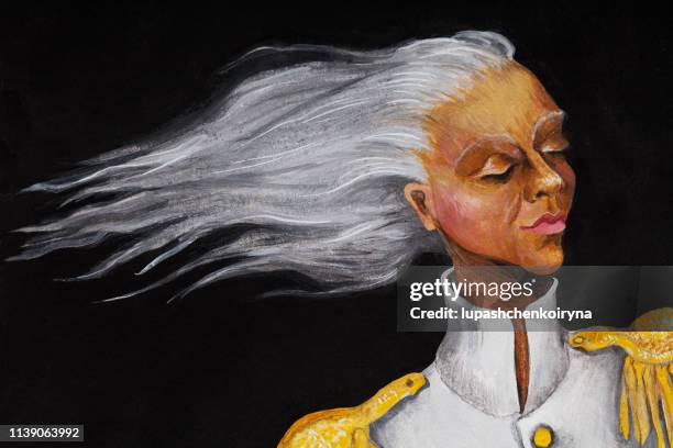 fashionable illustration modern artwork allegory symbol my original symbolic oil painting on canvas fantasy horizontal portrait gray-haired woman with long white hair flying in the wind in white clothes with a high collar with gold ornaments - actress stock illustrations