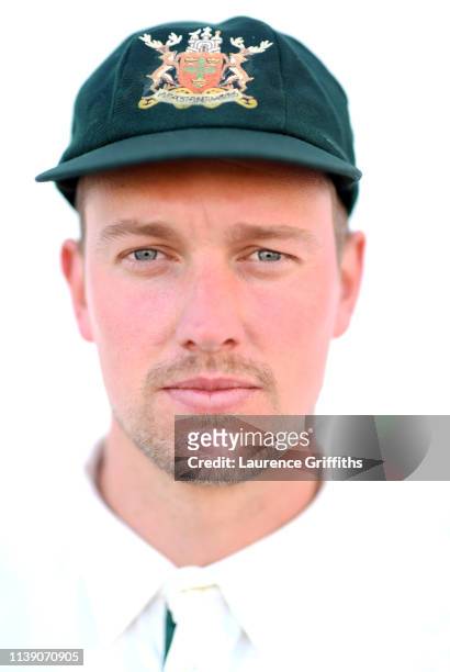Jake Ball of Nottinghamshire County Cricket Club poses for a portrait during the Nottinghamshire CCC Photocall at Trent Bridge on March 29, 2019 in...
