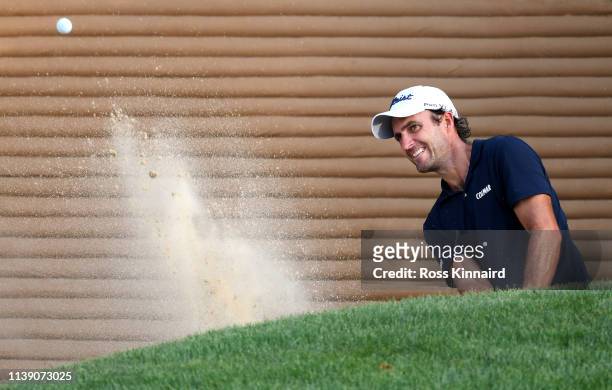 Edoardo Molinari of Italy plays a shot out of the bunker during round two of the Hero Indian Open at the DLF Golf & Country Club on March 29, 2019 in...