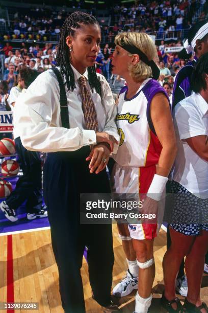 Cheryl Miller speaks to Nancy Lieberman-Cline of the Phoenix Mercury before the game against the Houston Comets on July 22, 1997 at America West...