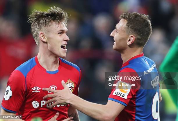 Arnor Sigurdsson and Fyodor Chalov of PFC CSKA Moscow celebrate a goal during the Russian Football League match between PFC CSKA Moscow and FC Anji...