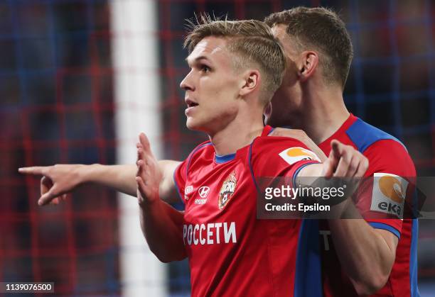 Arnor Sigurdsson and Fyodor Chalov of PFC CSKA Moscow celebrate a goal during the Russian Football League match between PFC CSKA Moscow and FC Anji...