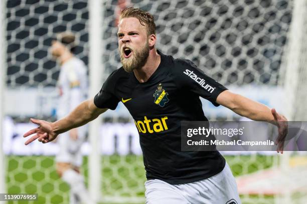 AIKs Daniel Sundgren celebrates after scoring the 1-0 goal during the Allsvenskan match between AIK and BK Hacken at Friends arena on April 24, 2019...